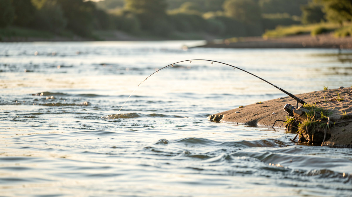 A wide shallow river at first light, a sand bank exposed on the right, a fishing rod bent downstream in the current, low warm light across the water