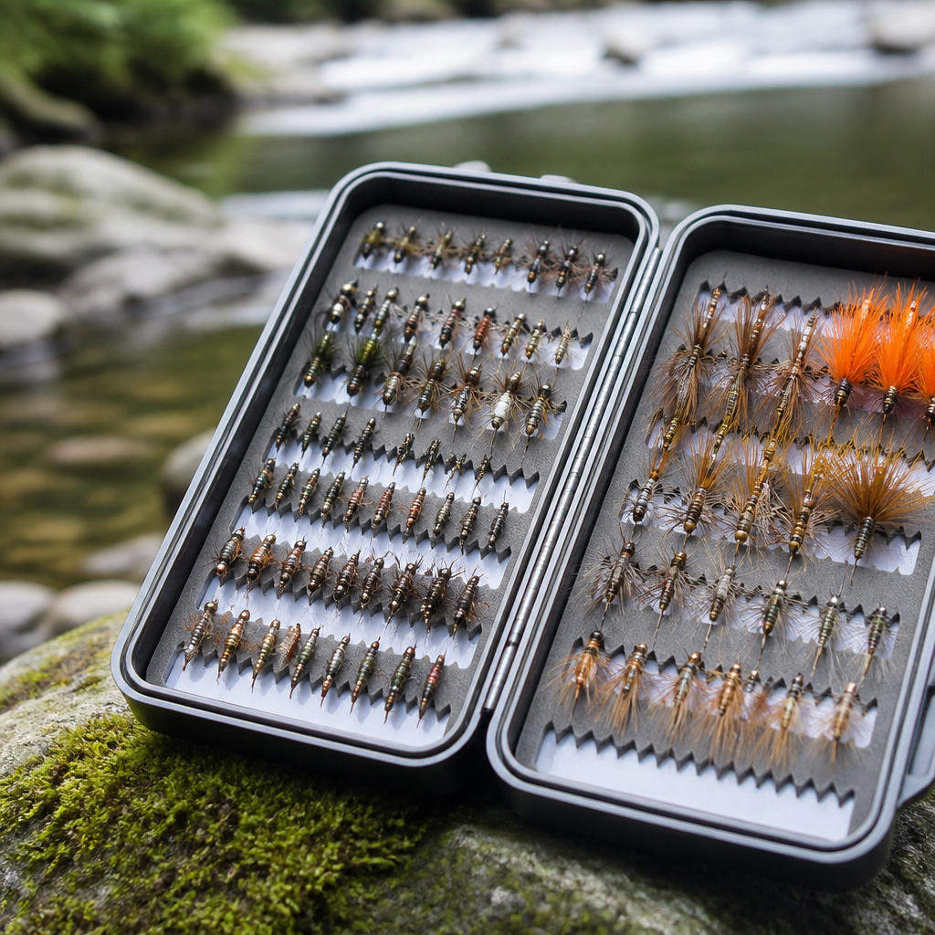 An open fly box showing rows of weighted beadhead nymphs, stonefly patterns, soft hackles and a few large orange dry flies
