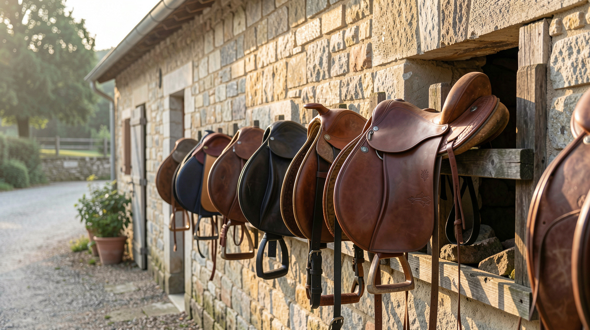A stone stable yard wall in the Gard with a row of leather saddles on wooden racks, morning light coming in low from the left, medium shot.
